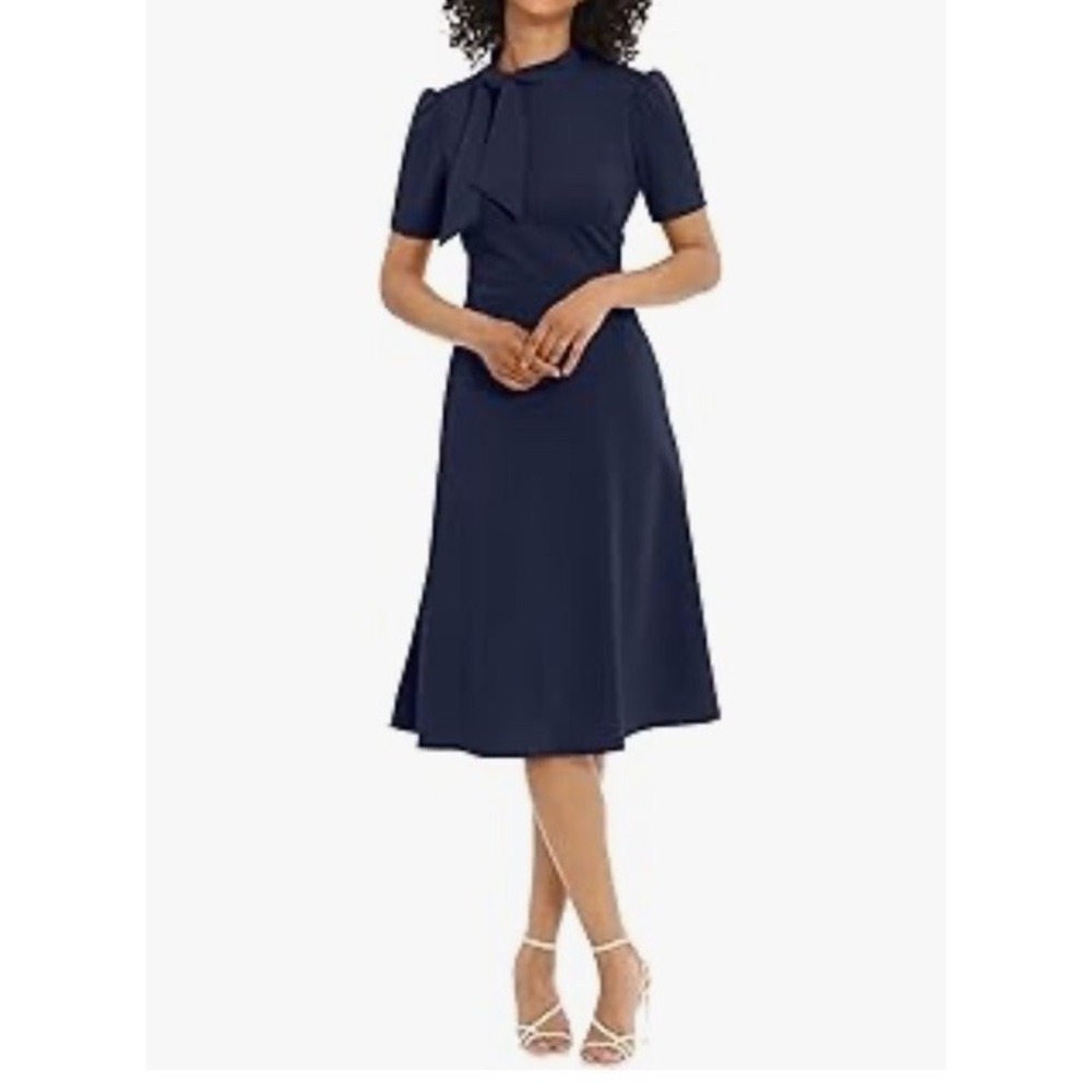 Maggy London Womens Midi Short Sleeve Flight Neck Tie Career Dress 6 Blue G3779M